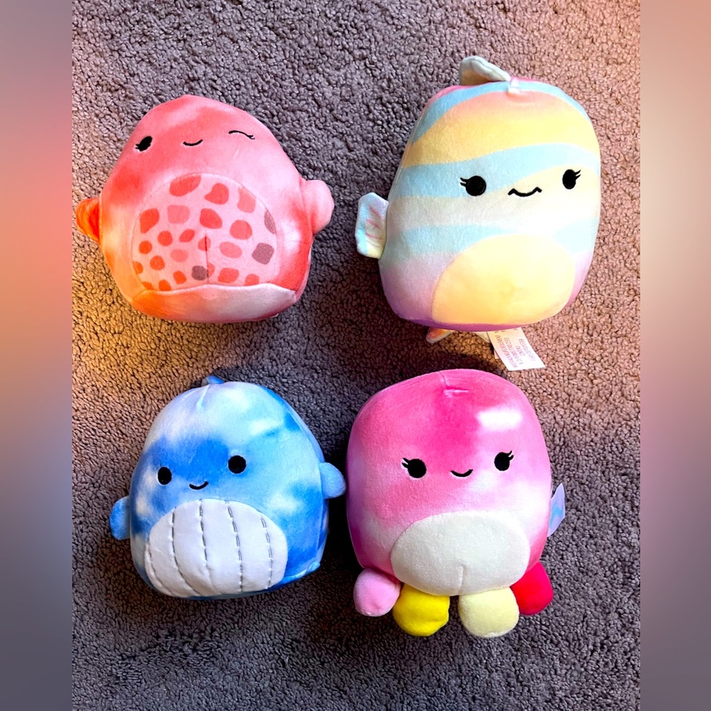 Four mini sea life themed Squishmallows